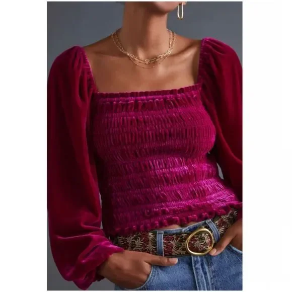 Anthropologie Magenta Pink Rose Smocked Velvet Puff Sleeve Peasant Blouse Ruffle - Picture 1 of 8